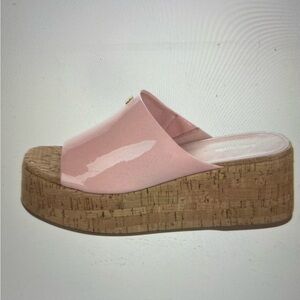 NWT Larroude Pink Patent Leather Cork Platform Wedge Slide/Sandal size 9.5